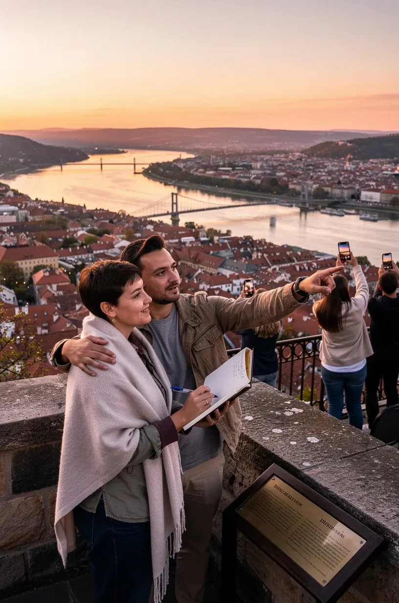 Turistický sprievodca ukazujúci mapu kultúrnych pamiatok a múzeí v Bratislave.